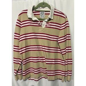 Lands End Womens L 14-16 Rugby Shirt Tan Pink Striped Long Sleeve Cotton Polo